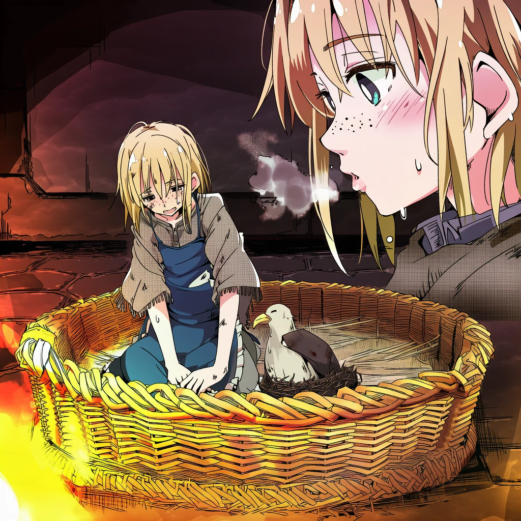 She warms it with her breath in a woven basket
