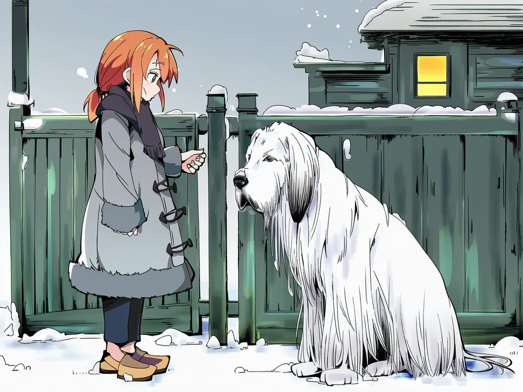 A great grey dog waiting at the winter gate