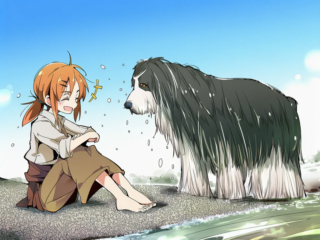 It shakes the river off and she laughs, soaked