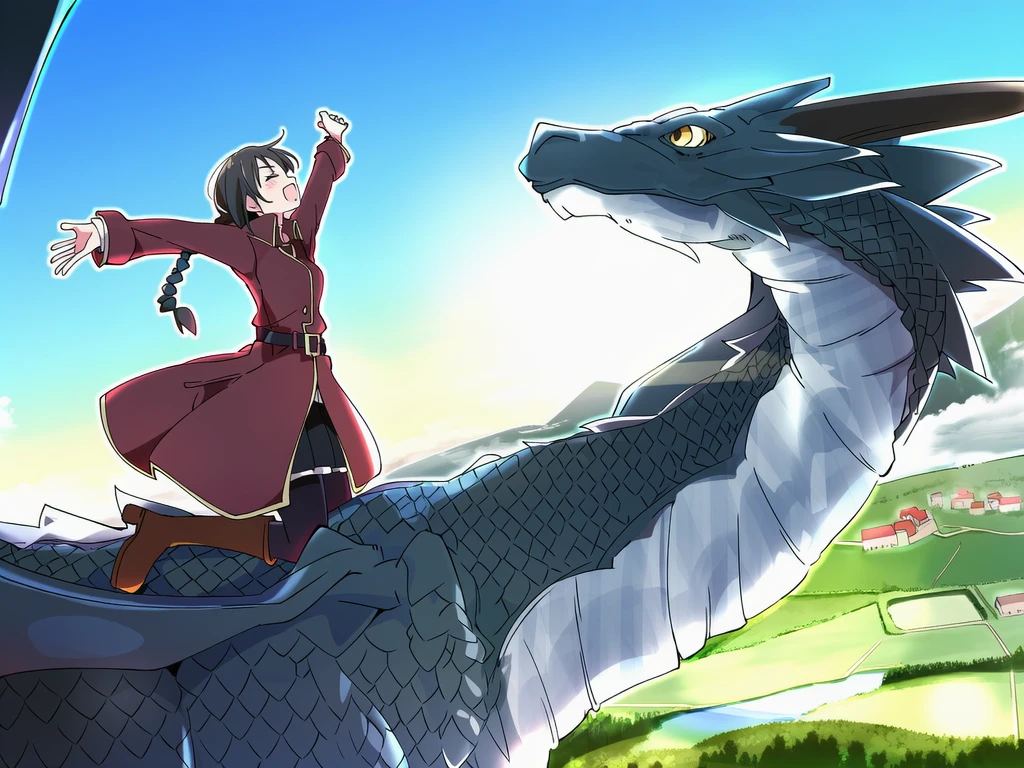 She rides its back, arms open to the wind